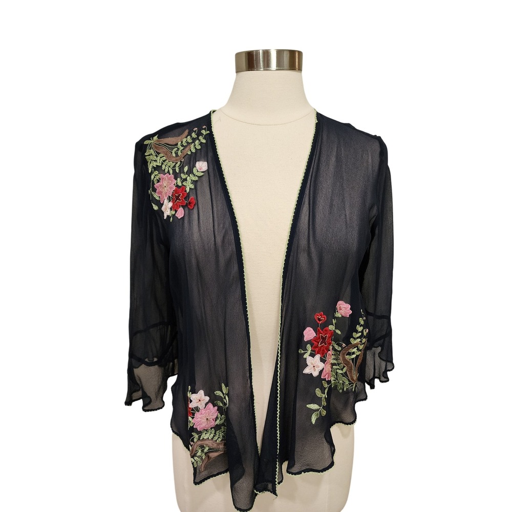 Vintage Robbie Bee Embroidered Silk Jacket Sheer Floral Bell Sleeve Navy size 10